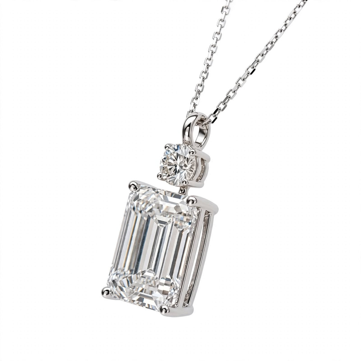 14K White Gold Emerald Cut Diamond Pendant Necklace