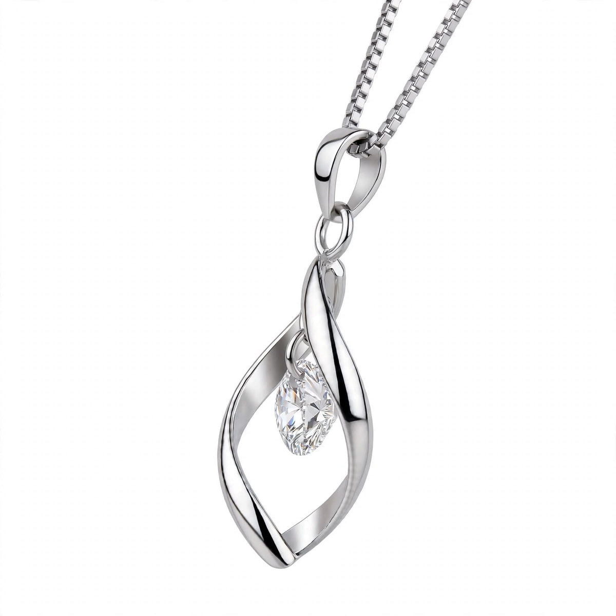 18K White Gold Twisted Leaf Floating Solitaire Pendant Necklace
