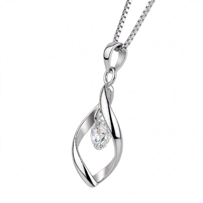 18K White Gold Twisted Leaf Floating Solitaire Pendant Necklace
