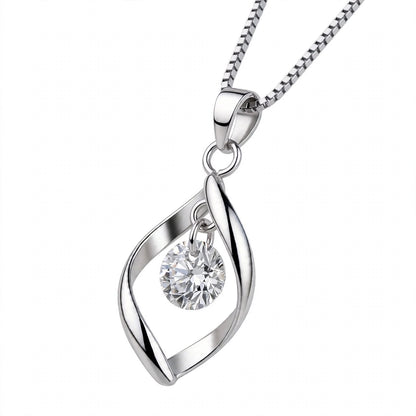 18K White Gold Twisted Leaf Floating Solitaire Pendant Necklace