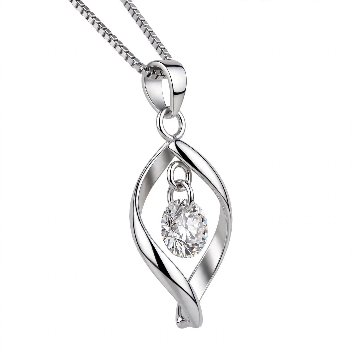 18K White Gold Twisted Leaf Floating Solitaire Pendant Necklace