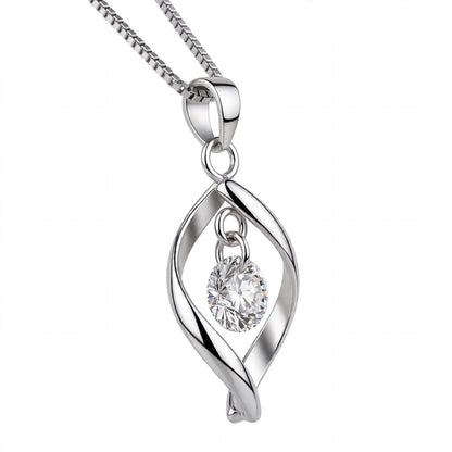 18K White Gold Twisted Leaf Floating Solitaire Pendant Necklace
