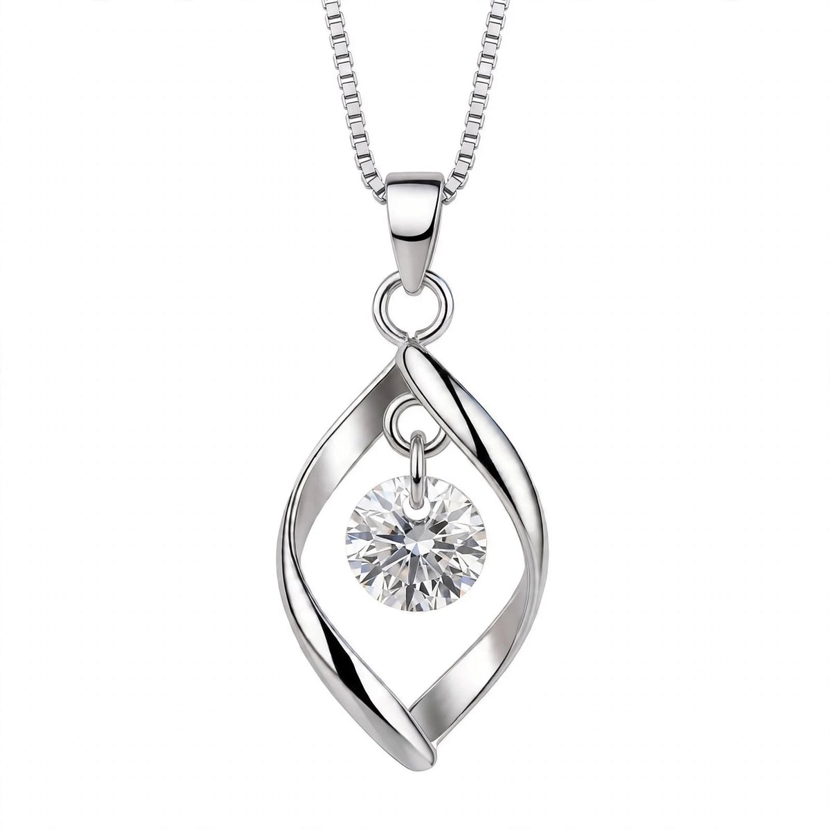 18K White Gold Twisted Leaf Floating Solitaire Pendant Necklace