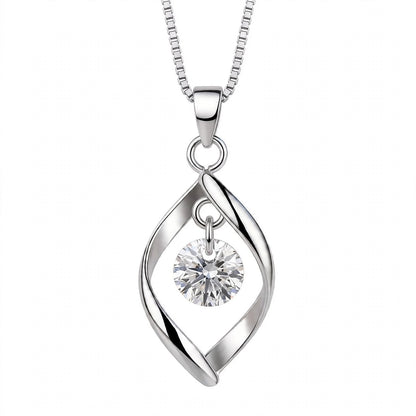 18K White Gold Twisted Leaf Floating Solitaire Pendant Necklace