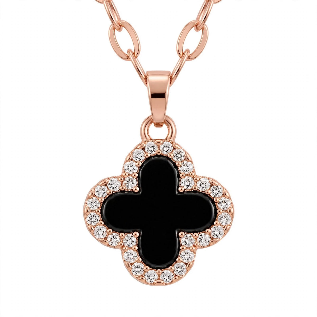 14K Gold Black Onyx Clover Pendant Necklace With Diamond Halo