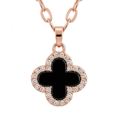 14K Gold Black Onyx Clover Pendant Necklace With Diamond Halo
