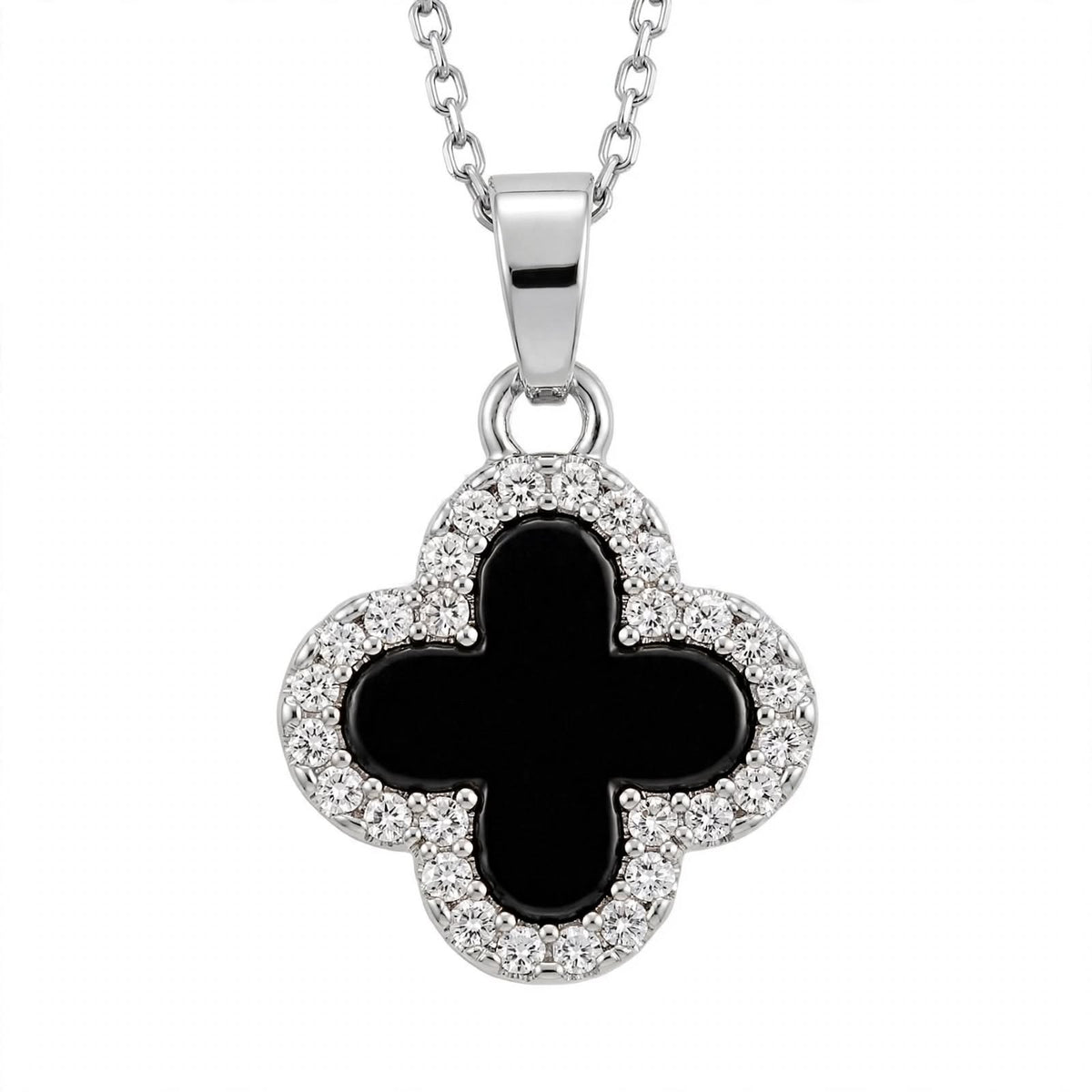 14K Gold Black Onyx Clover Pendant Necklace With Diamond Halo
