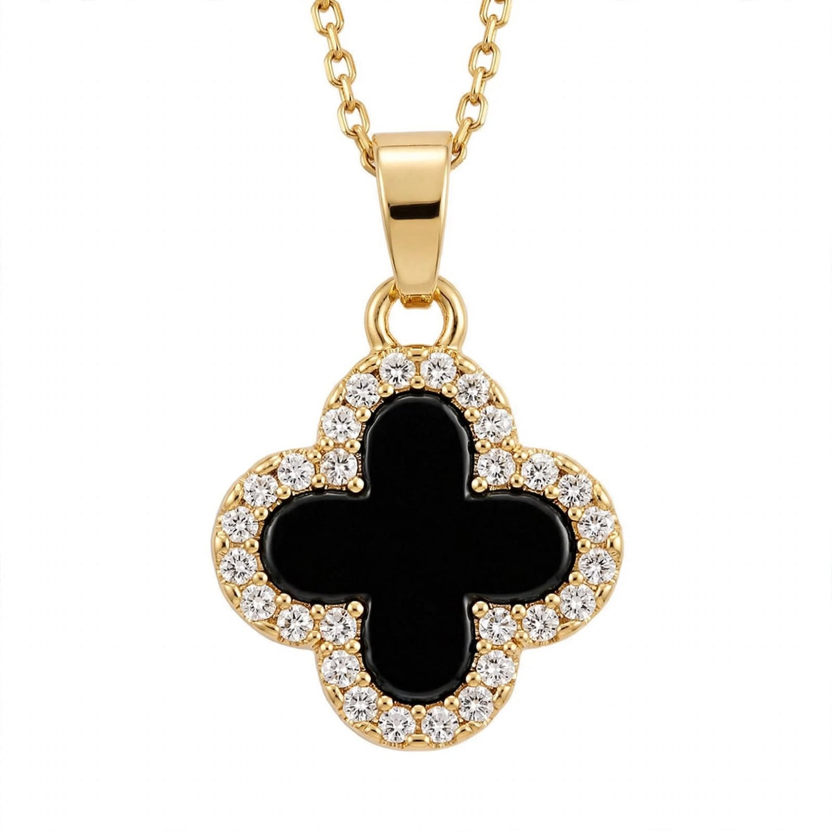 14K Gold Black Onyx Clover Pendant Necklace With Diamond Halo