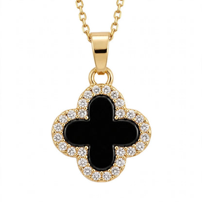 14K Gold Black Onyx Clover Pendant Necklace With Diamond Halo
