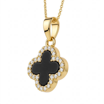 14K Gold Black Onyx Clover Pendant Necklace With Diamond Halo