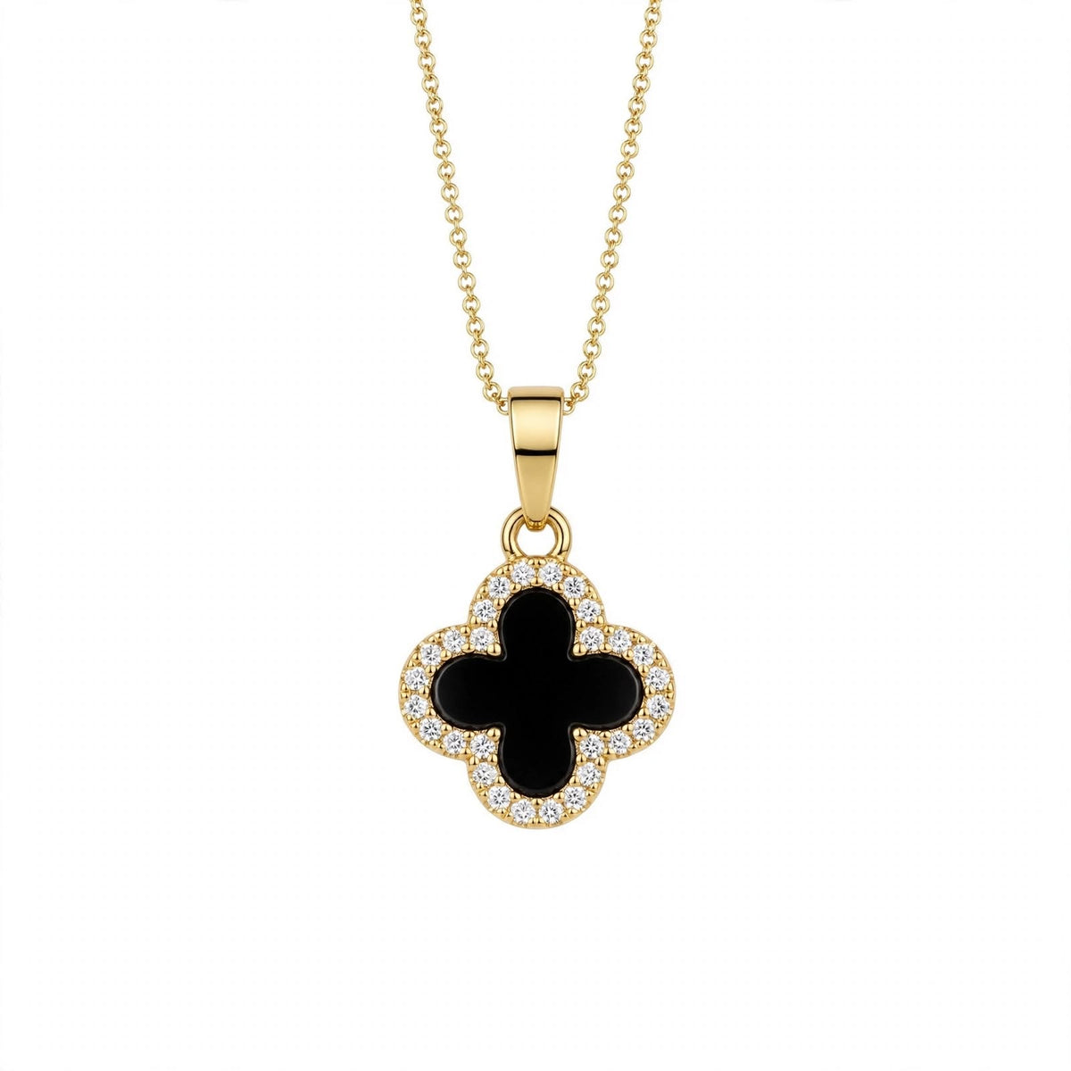 14K Gold Black Onyx Clover Pendant Necklace With Diamond Halo