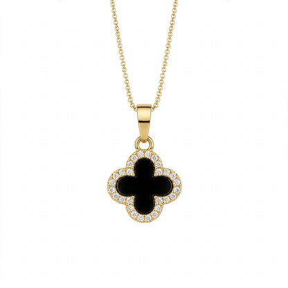 14K Gold Black Onyx Clover Pendant Necklace With Diamond Halo