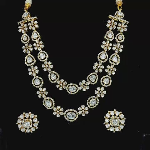 Gold-plated double-layered Polki and Kundan-style stone necklace set.
