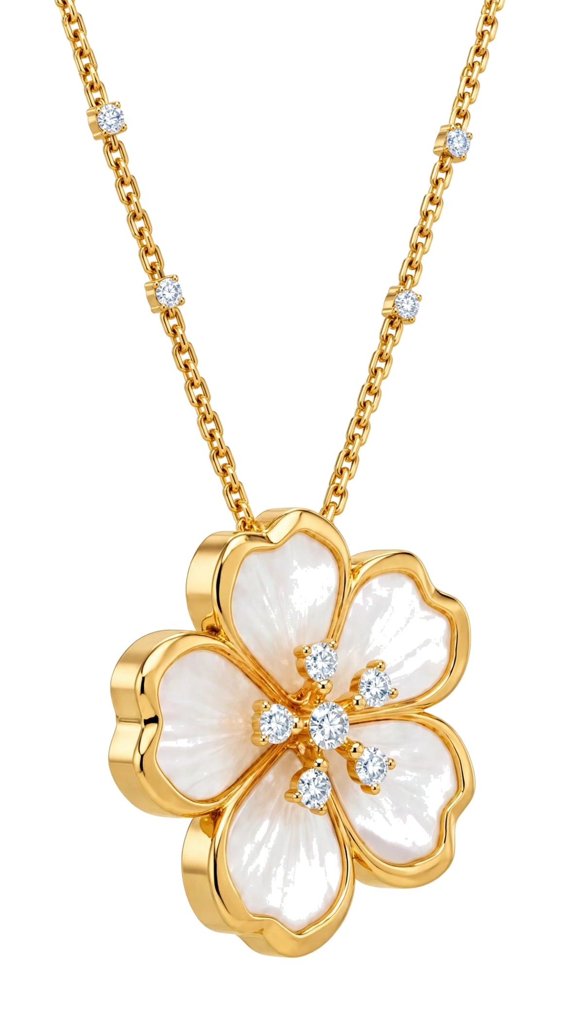 18K Gold Mother of Pearl Flower Pendant Necklace.