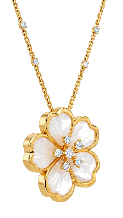 18K Gold Mother of Pearl Flower Pendant Necklace.