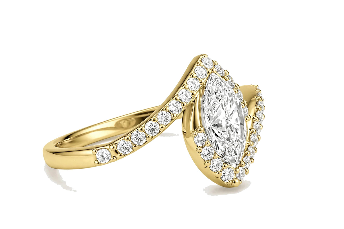 14K Yellow Gold Marquise Diamond Bypass Engagement Ring with Pavé Halo.