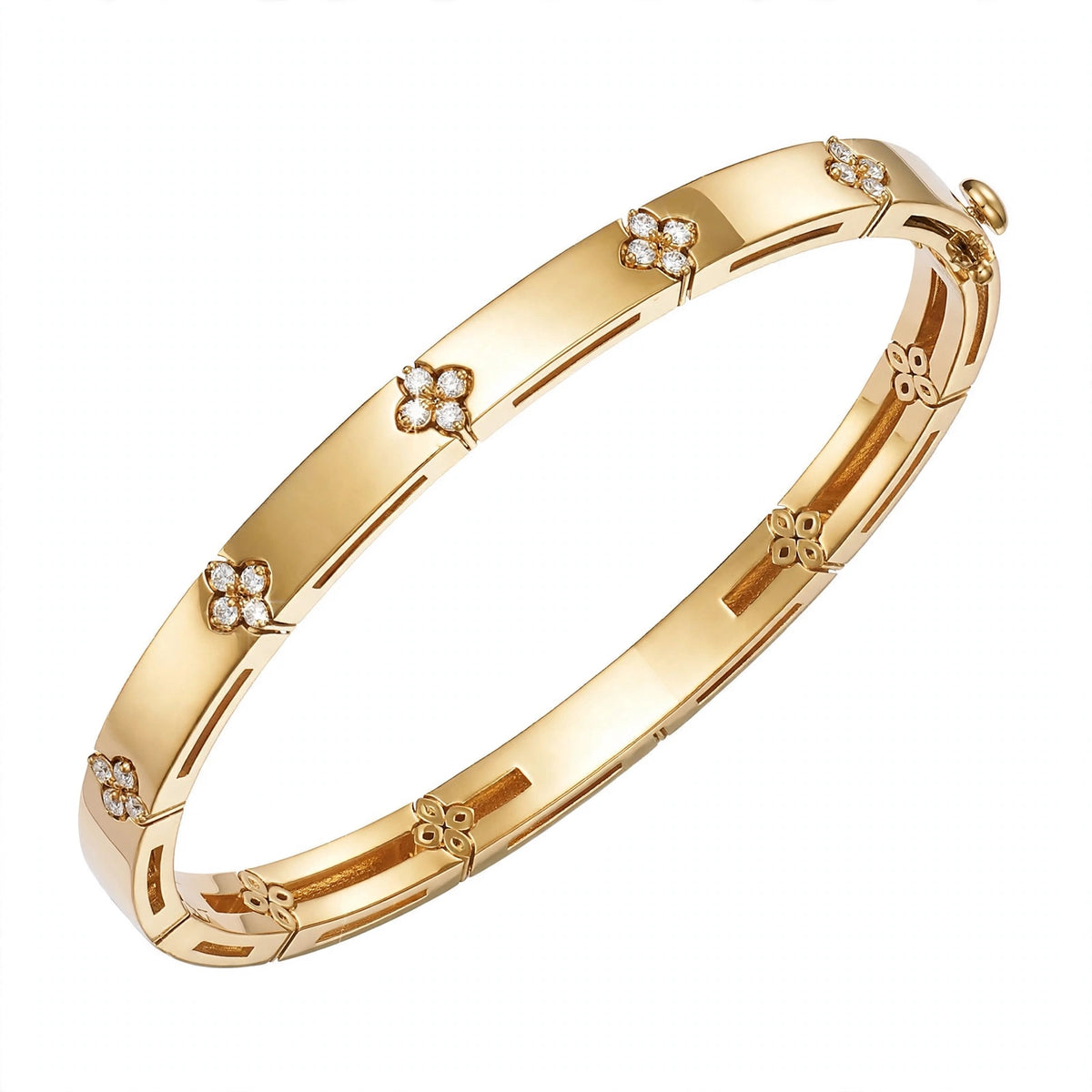 18K Yellow Gold Diamond Flower Station Bangle Bracelet