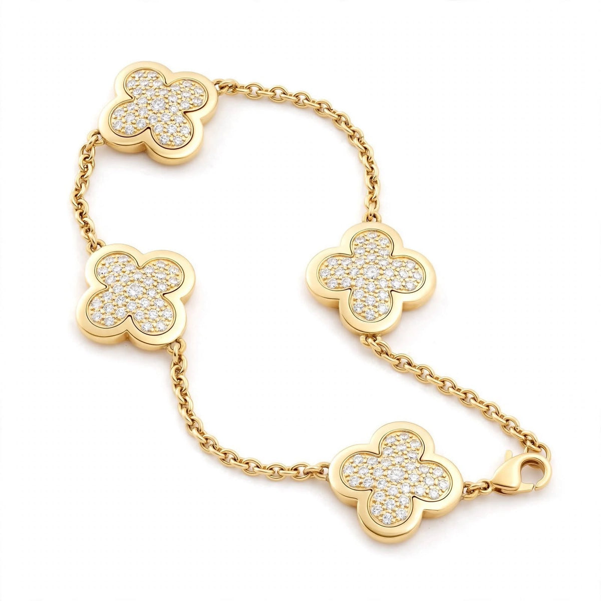 18K Yellow Gold Pavé Diamond Clover Charm Link Bracelet