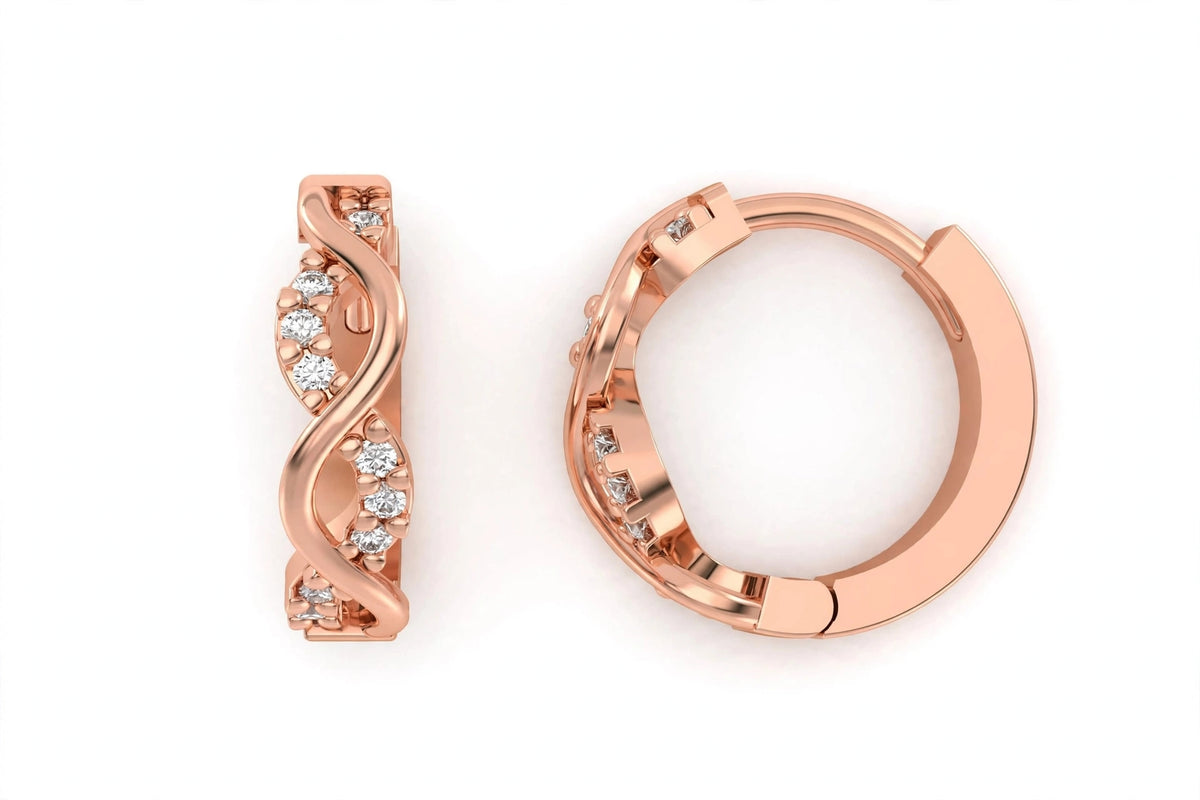Yellow Gold Infinity Twist Diamond Huggie Hoop Earrings