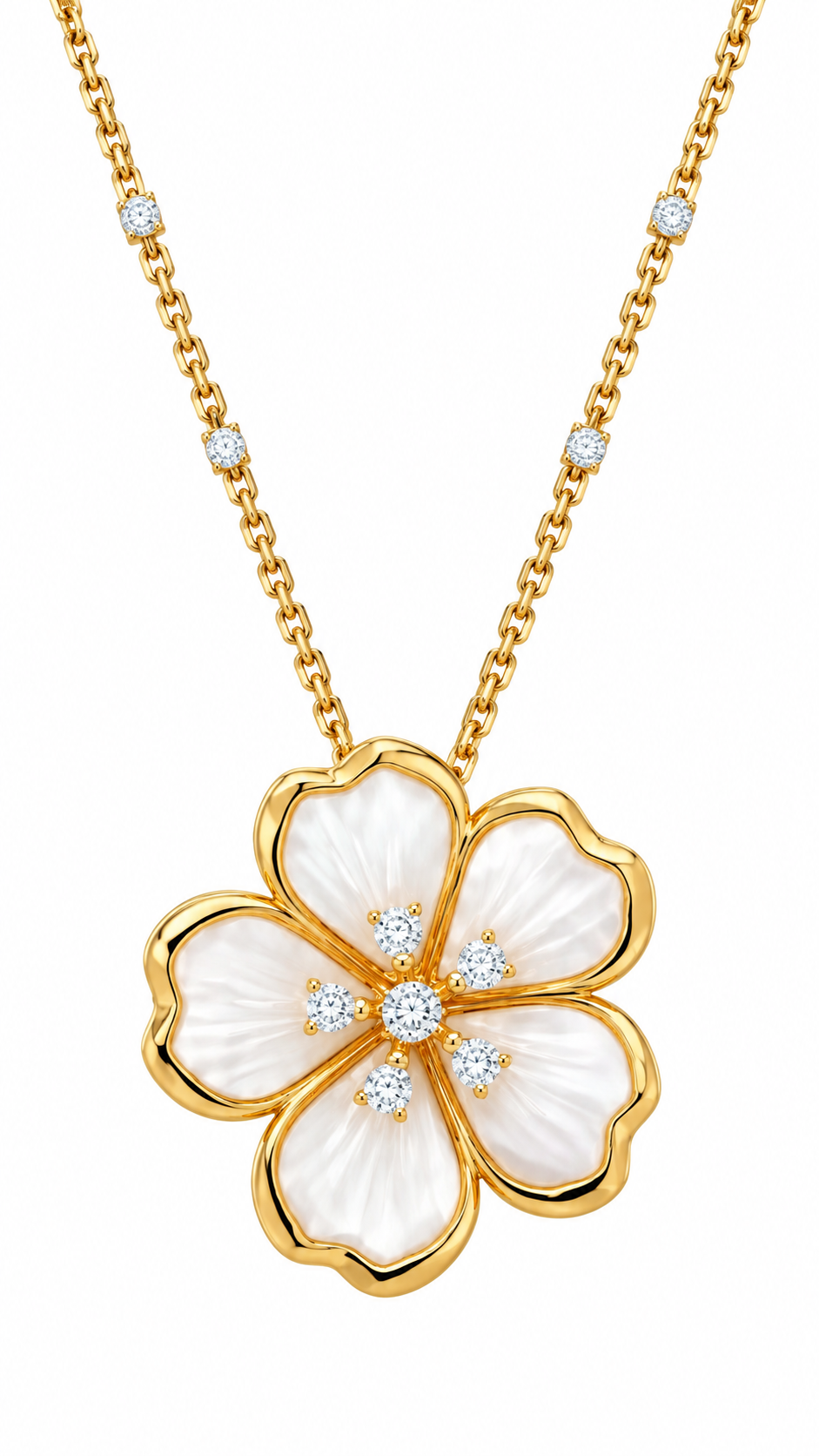 18K Gold Mother of Pearl Flower Pendant Necklace.