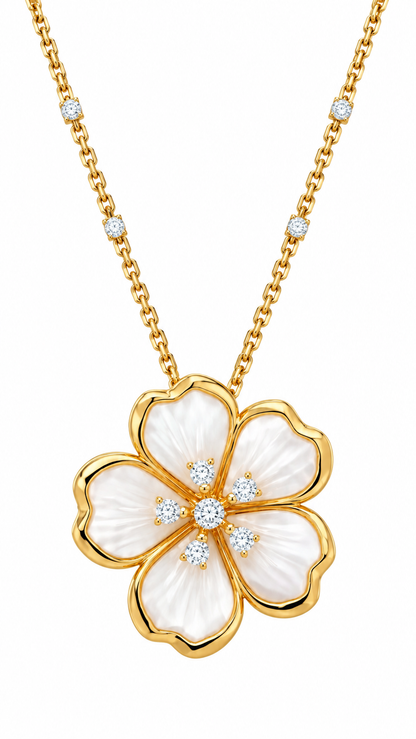 18K Gold Mother of Pearl Flower Pendant Necklace.