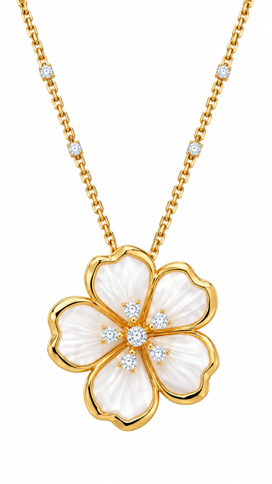 18K Gold Mother of Pearl Flower Pendant Necklace.