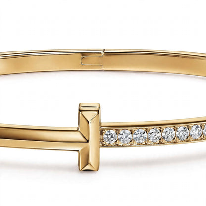 18K Yellow Gold Pavé Diamond T-Bar Hinged Bangle Bracelet