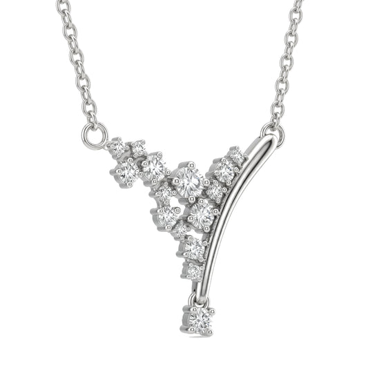 Sterling Silver Asymmetrical Curved Diamond Cluster Necklace.