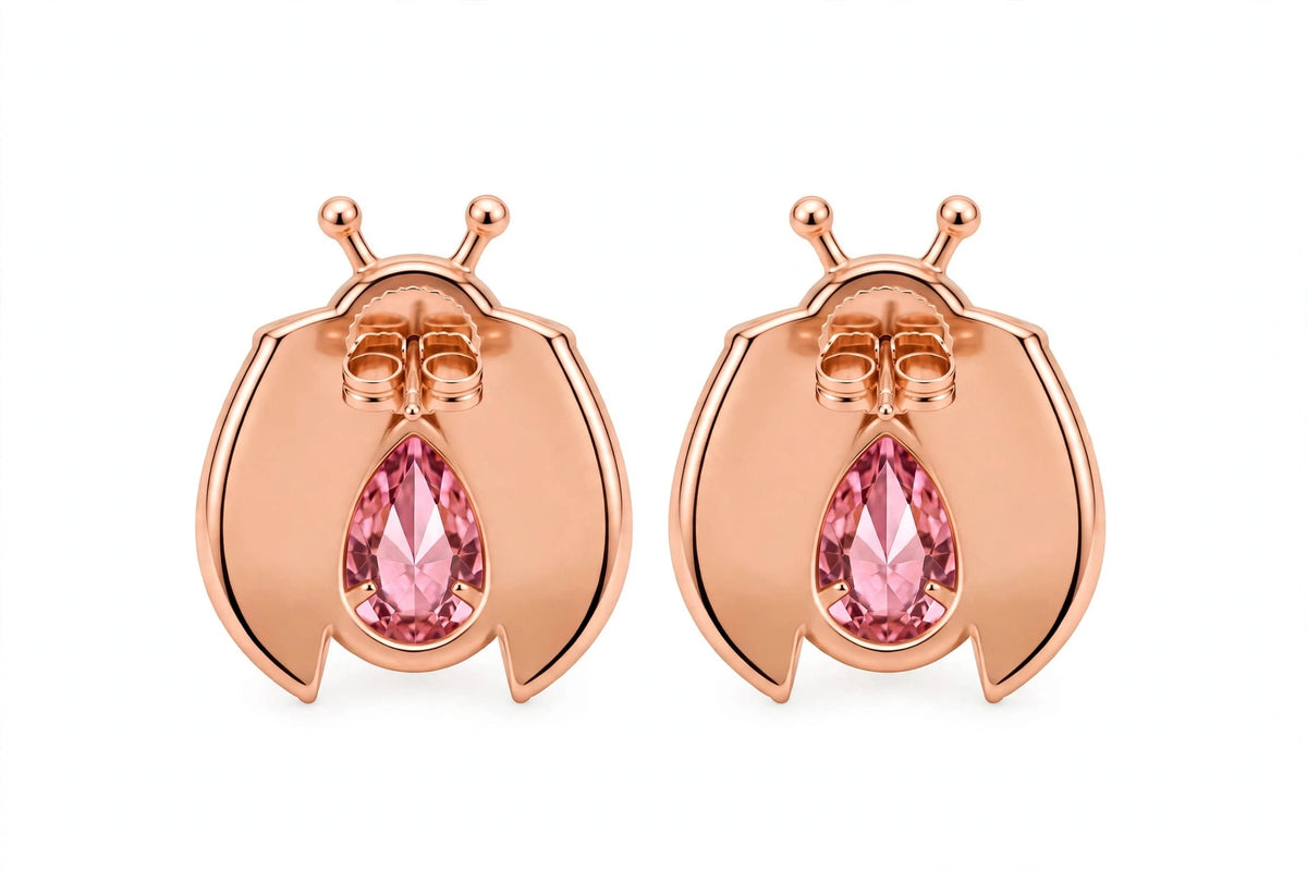 14K Gold Ladybug Stud Earrings with Pear-Cut Pink Zirconia & Crystal Eyes.