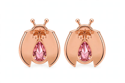 14K Gold Ladybug Stud Earrings with Pear-Cut Pink Zirconia & Crystal Eyes.