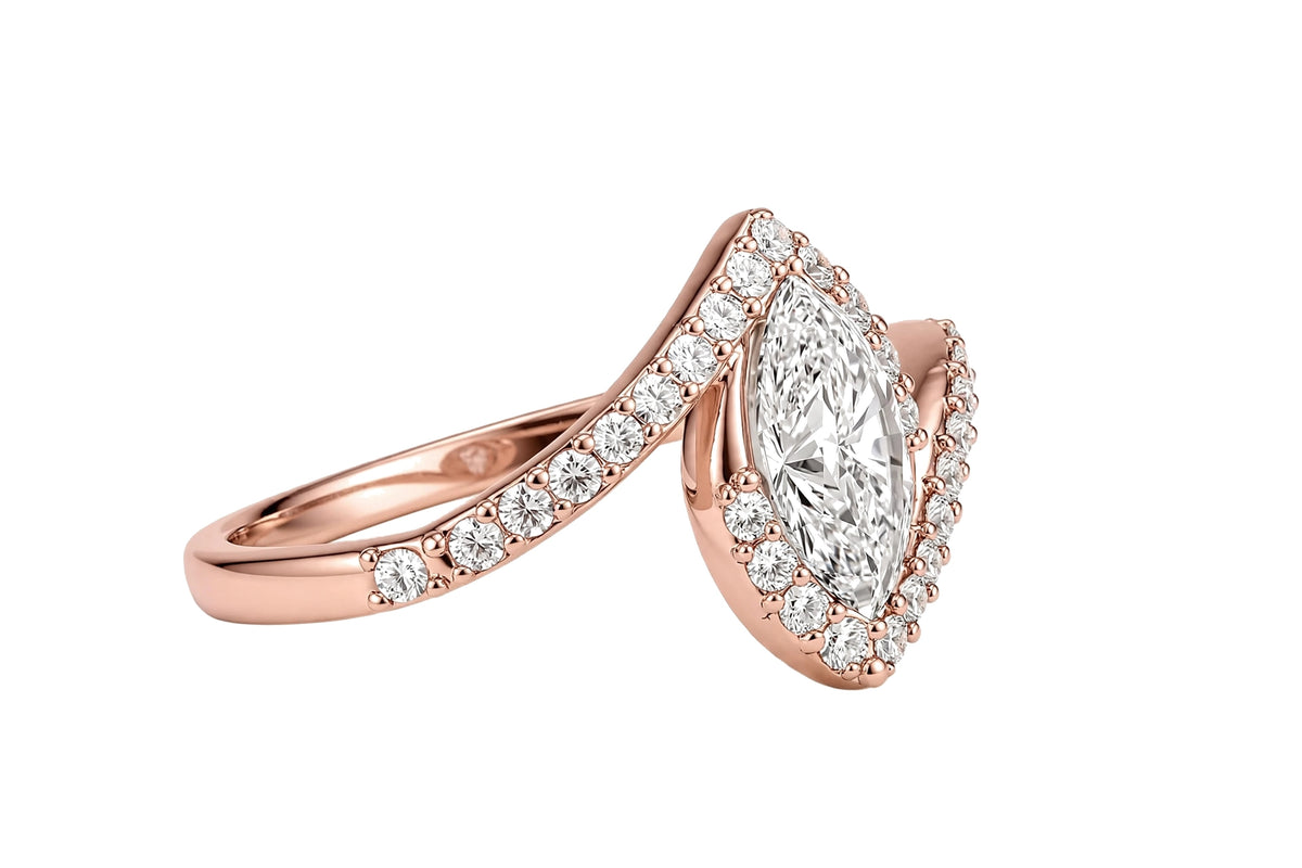 14K Yellow Gold Marquise Diamond Bypass Engagement Ring with Pavé Halo.