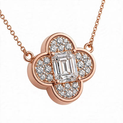 18K Yellow Gold Emerald-Cut Diamond Clover Pendant Necklace
