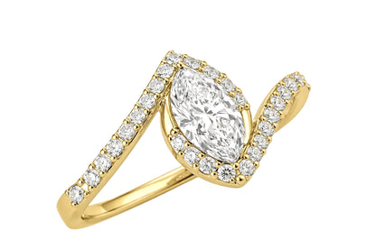 14K Yellow Gold Marquise Diamond Bypass Engagement Ring with Pavé Halo.