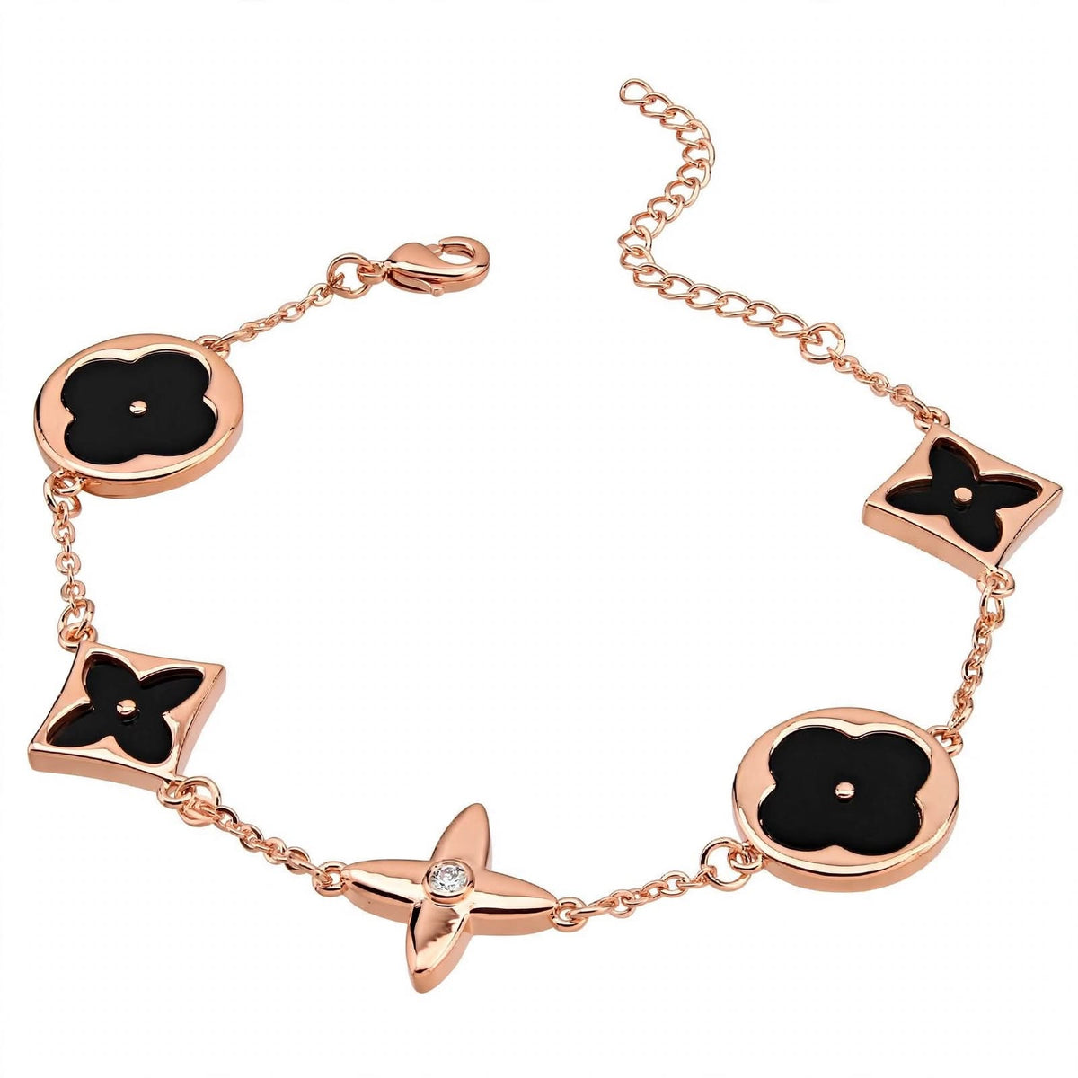 14K Rose Gold Mixed Motif Black Enamel Charm Bracelet.