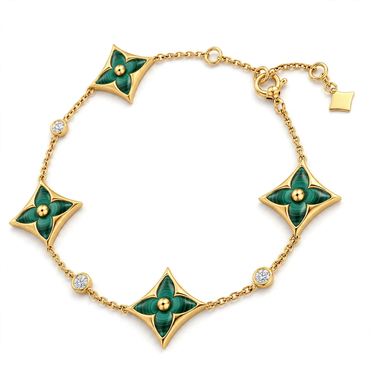 Handmade Malachite Clover Bracelet In Yellow Gold