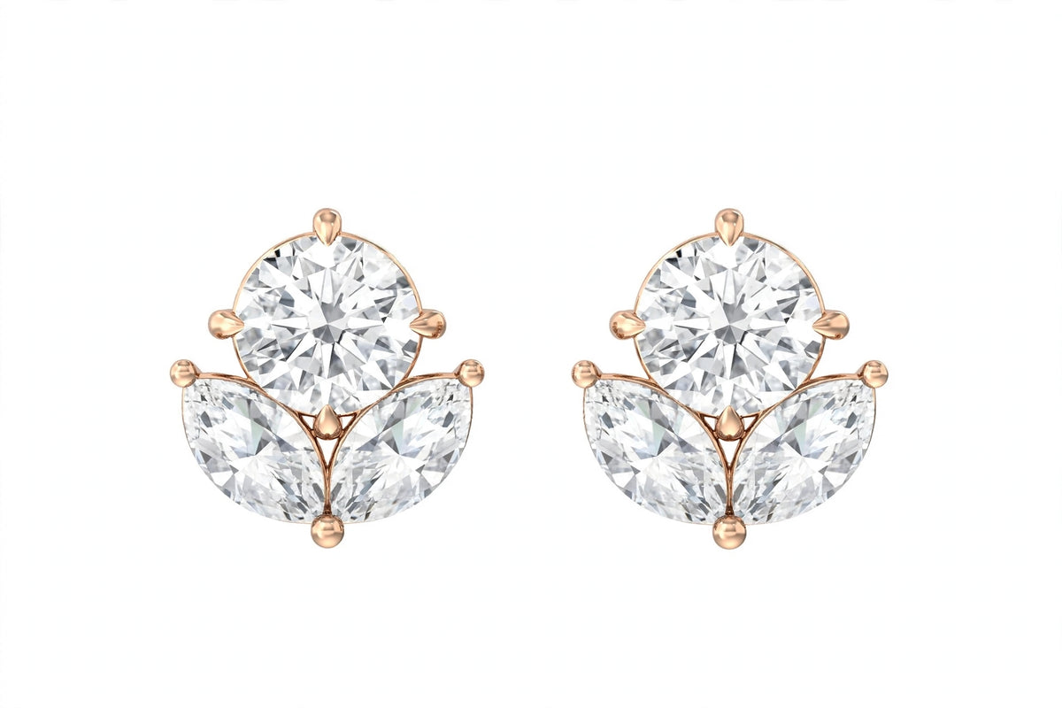 Three-Stone Diamond Cluster Stud Earrings | Marquise and Round Floral Leaf Earrings.