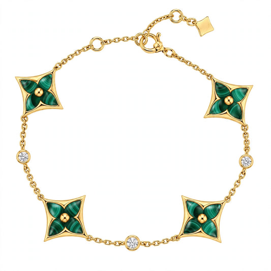 Handmade Malachite Clover Bracelet In Yellow Gold