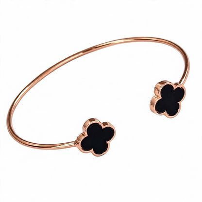 18K Gold Plated Open Cuff Bangle with Twin Black Clover Motifs