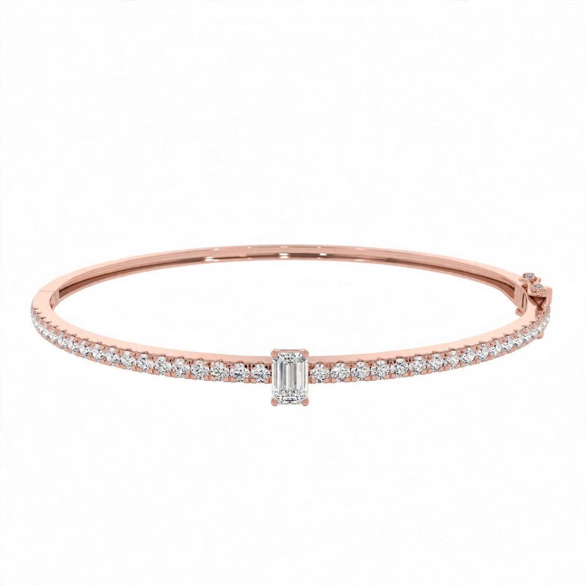 14K White Gold Emerald-Cut Diamond Solitaire Pavé Bangle Bracelet