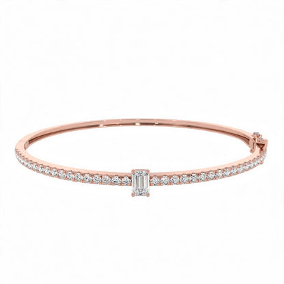 14K White Gold Emerald-Cut Diamond Solitaire Pavé Bangle Bracelet