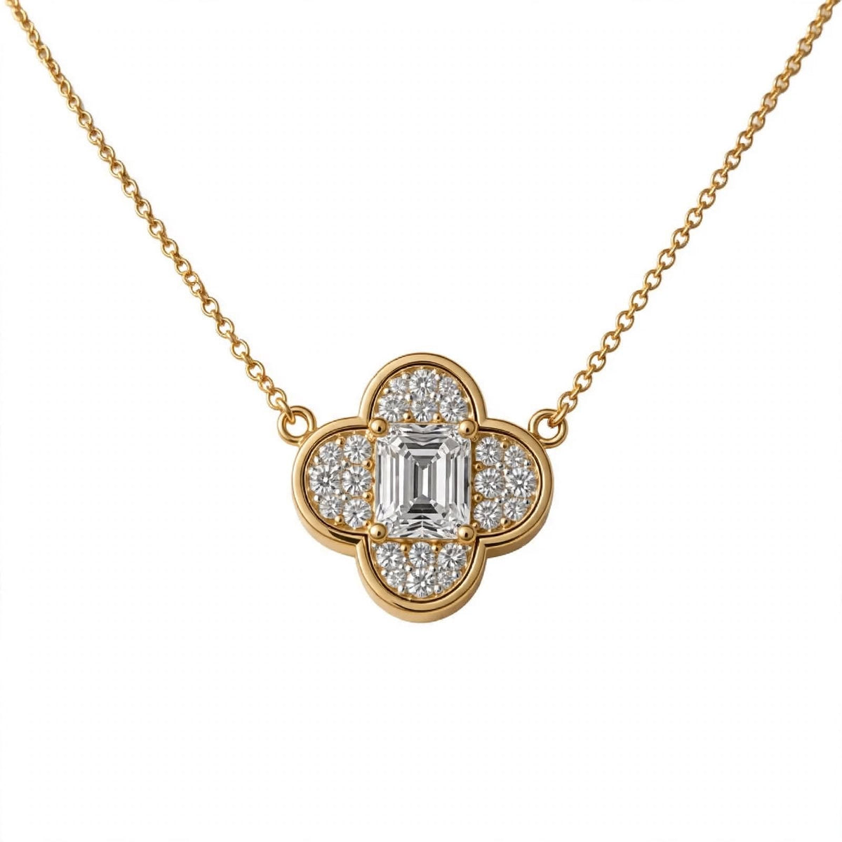 18K Yellow Gold Emerald-Cut Diamond Clover Pendant Necklace