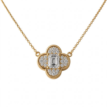 18K Yellow Gold Emerald-Cut Diamond Clover Pendant Necklace