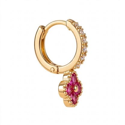 925 Sterling Silver Pink Ruby Clover Huggie Hoop Earrings