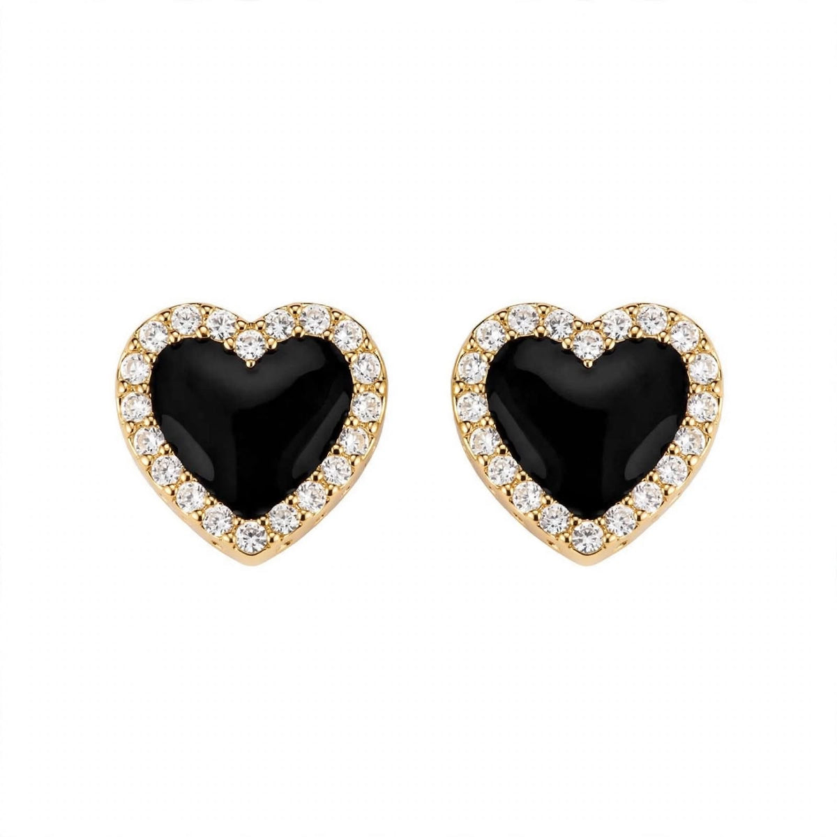 14K Yellow Gold Black Onyx Heart Stud Earrings with Diamond Halo