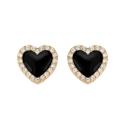 14K Yellow Gold Black Onyx Heart Stud Earrings with Diamond Halo