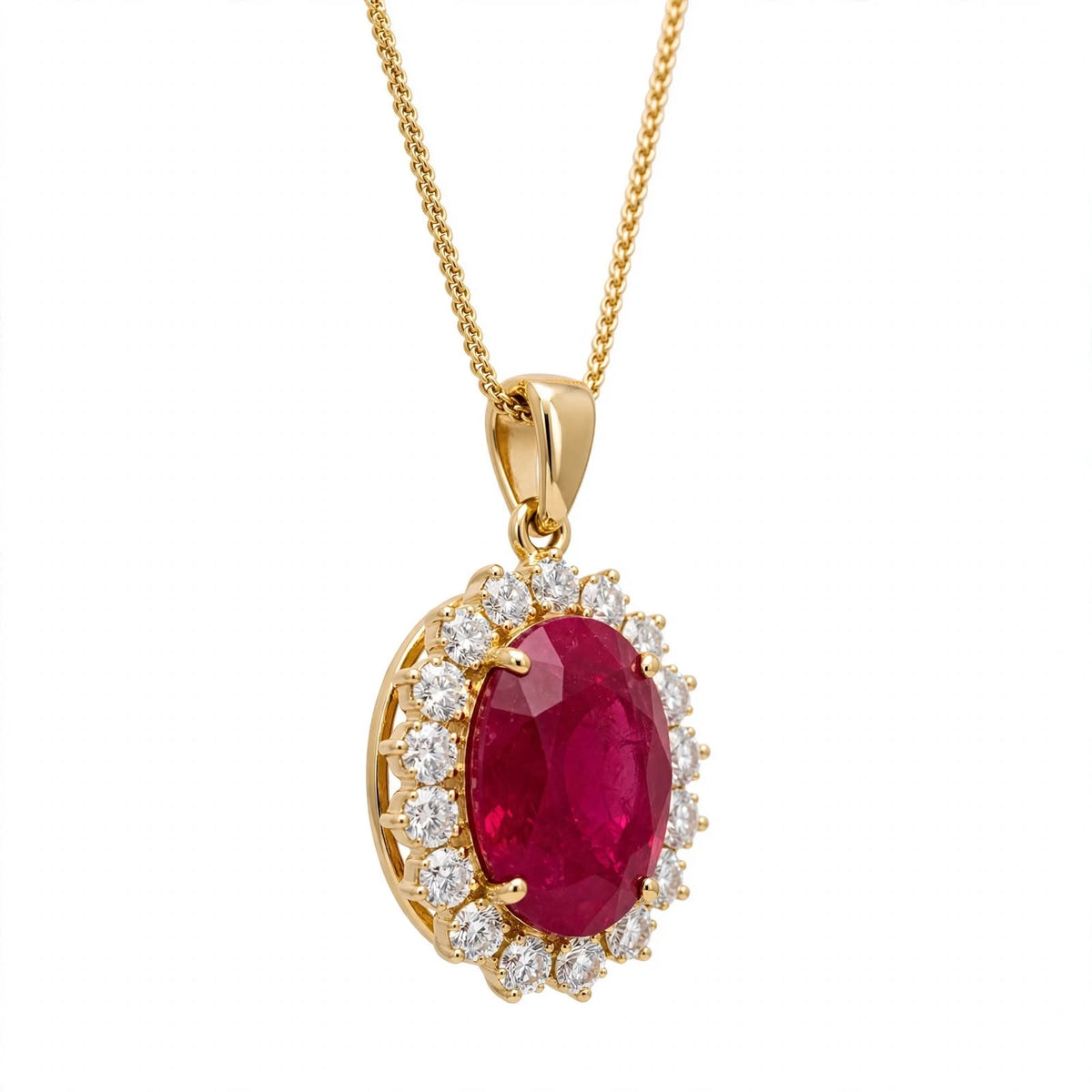 14K Yellow Gold Oval Ruby and Diamond Halo Pendant Necklace
