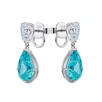 18K White Gold Rare Pear-Cut Paraiba Tourmaline Drop Earrings with Diamond Halos