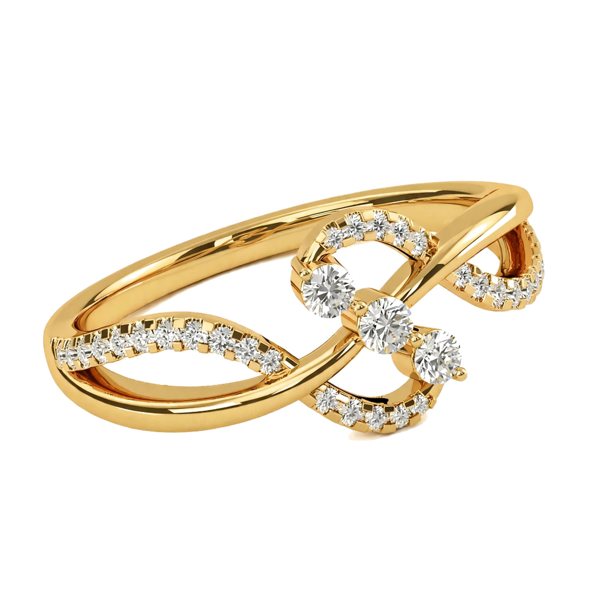 14K Yellow Gold Infinity Twist Three Stone Bypass Diamond Ring.
