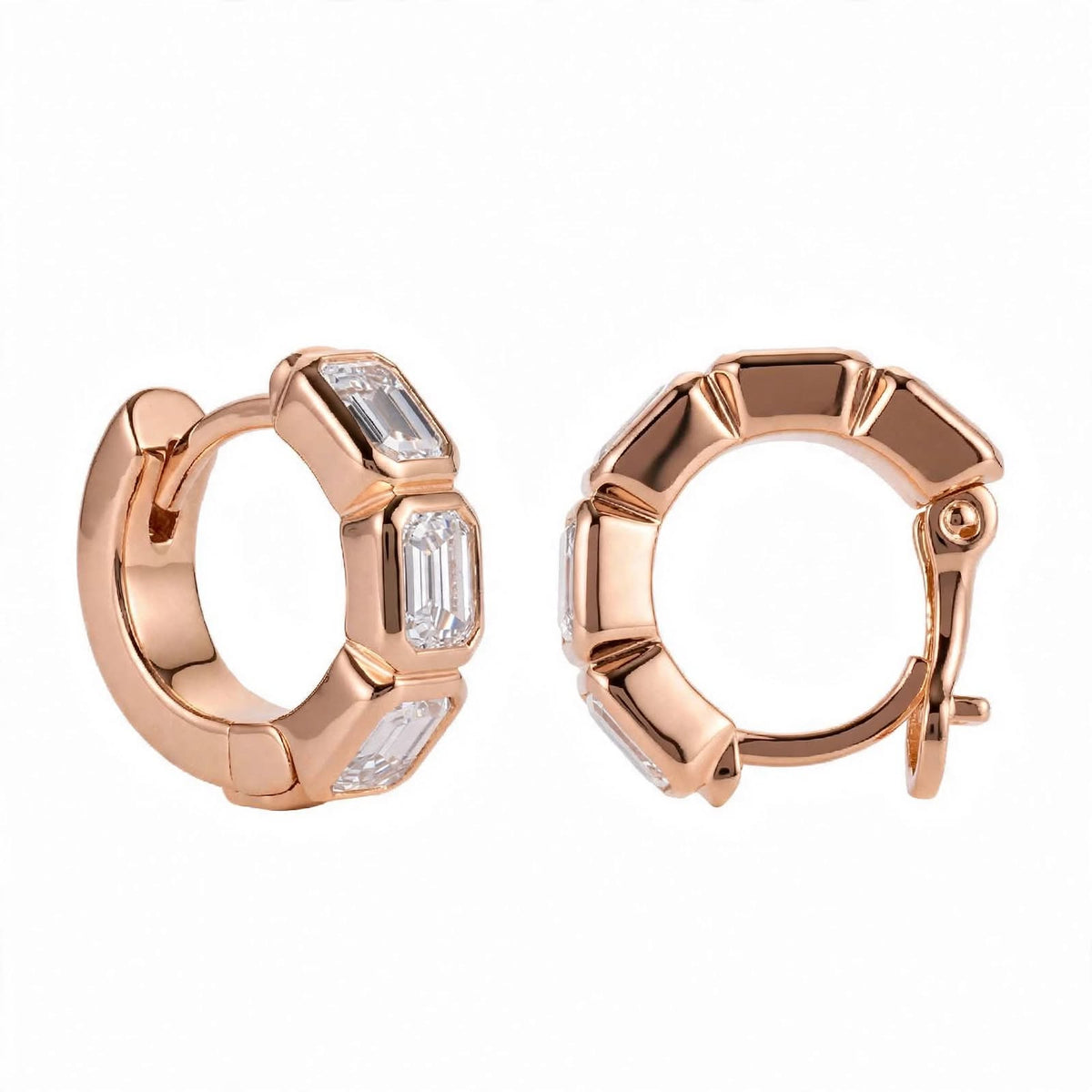 18K Rose Gold Bezel-Set Emerald-Cut Diamond Huggie Hoop Earrings