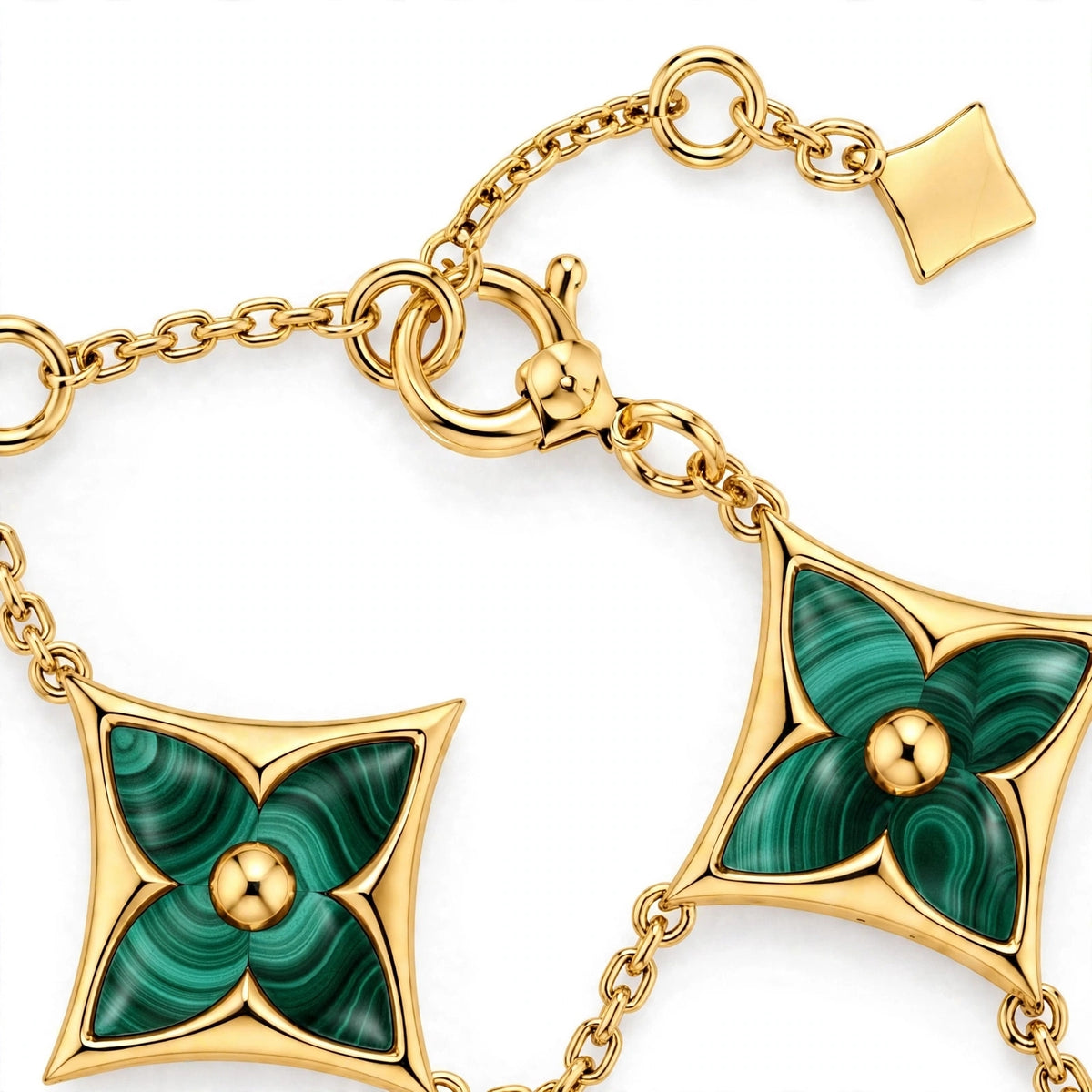 Handmade Malachite Clover Bracelet In Yellow Gold